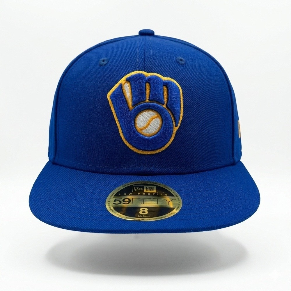 Milwaukee Brewers New Era 59FIFTY Hat Mens Size 8 Blue Low Profile MLB Cap *NEW*